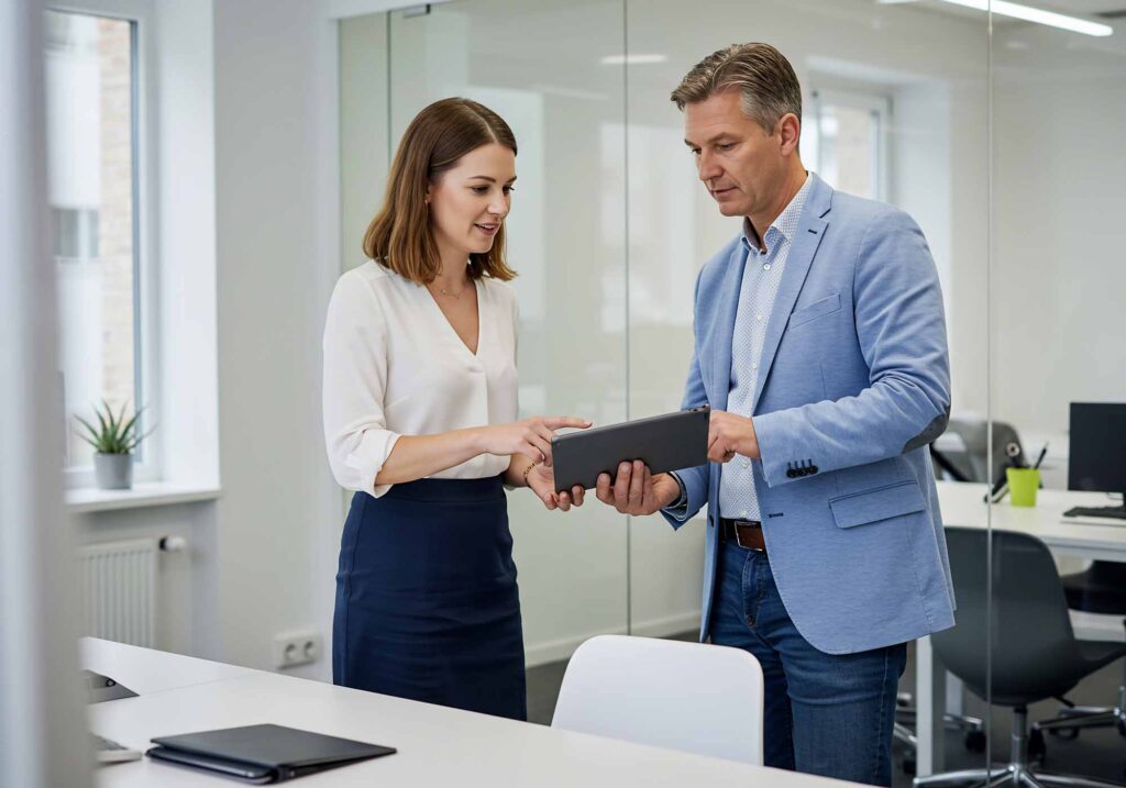 vecteezy business people discussing data on a tablet 72124781 low